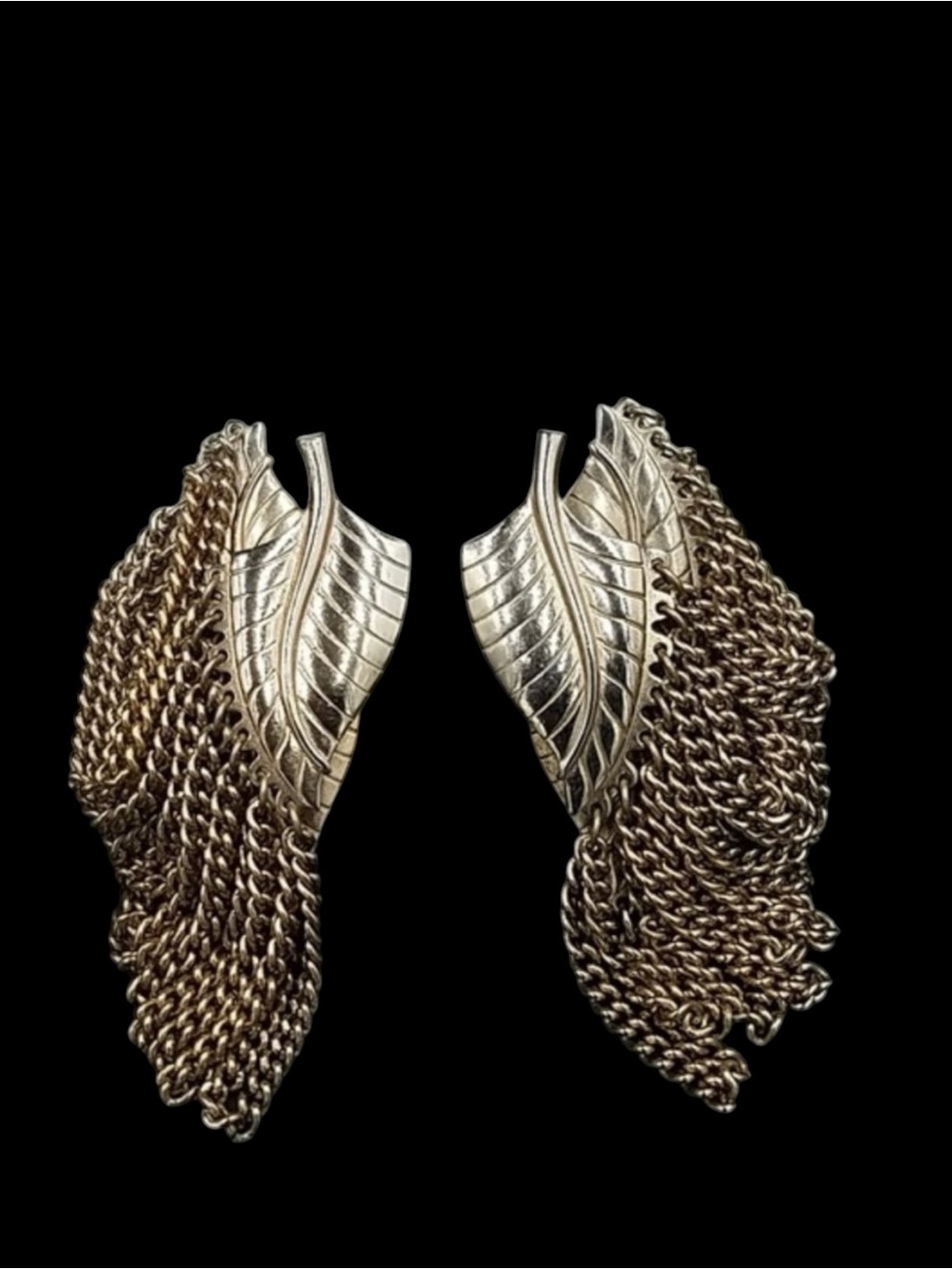 Vintage Double Leaf Chain Fringe Clip Earrings